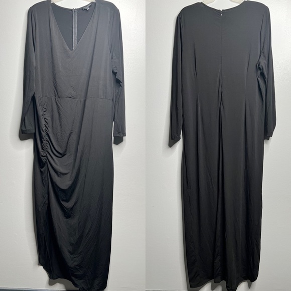 Eloquii Black Long Sleeve V Neck Maxi Ruched Dress With Side Slit Plus Size 26 - Picture 1 of 6